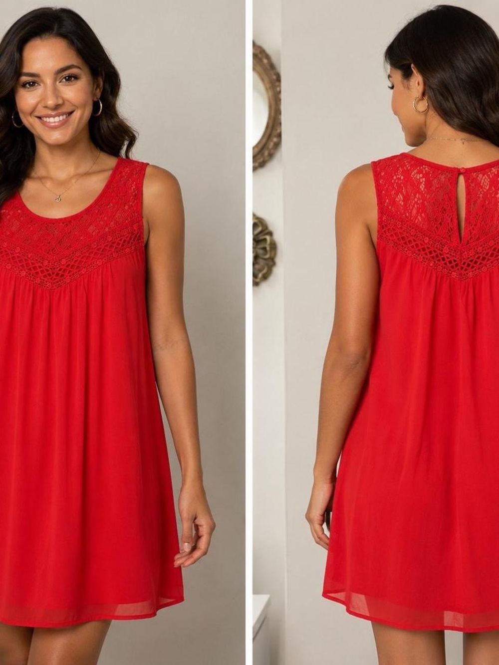 Sleeveless Red Lace Yoke Chemise - Women Mini Dress​